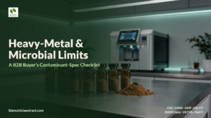 Botanical extract quality-control laboratory with amber vials of extract powder and analytical instrument