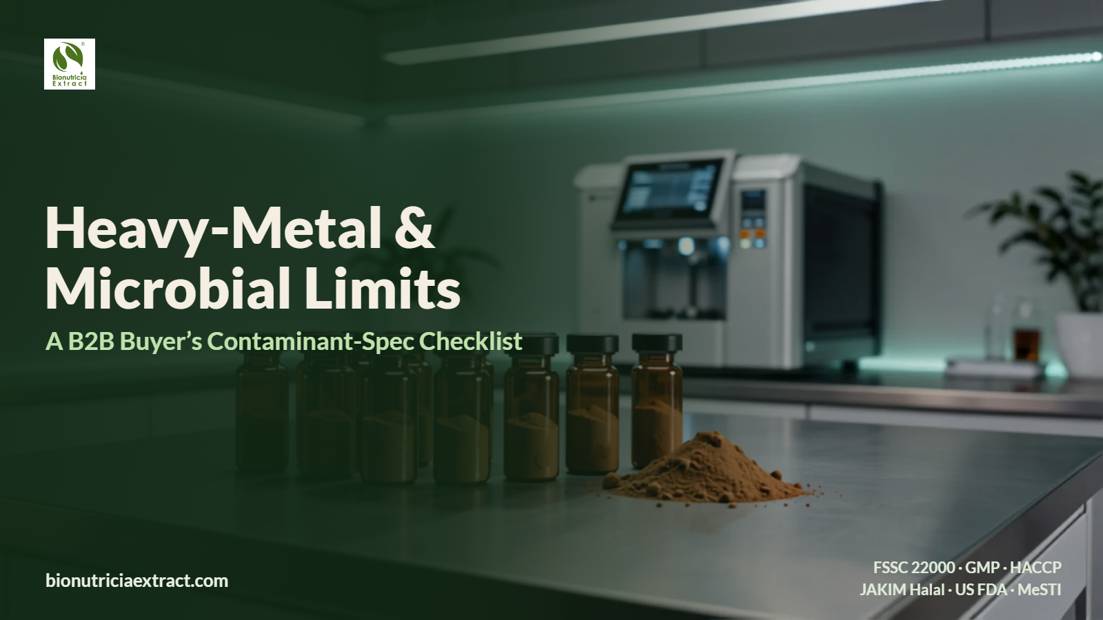 Botanical extract quality-control laboratory with amber vials of extract powder and analytical instrument