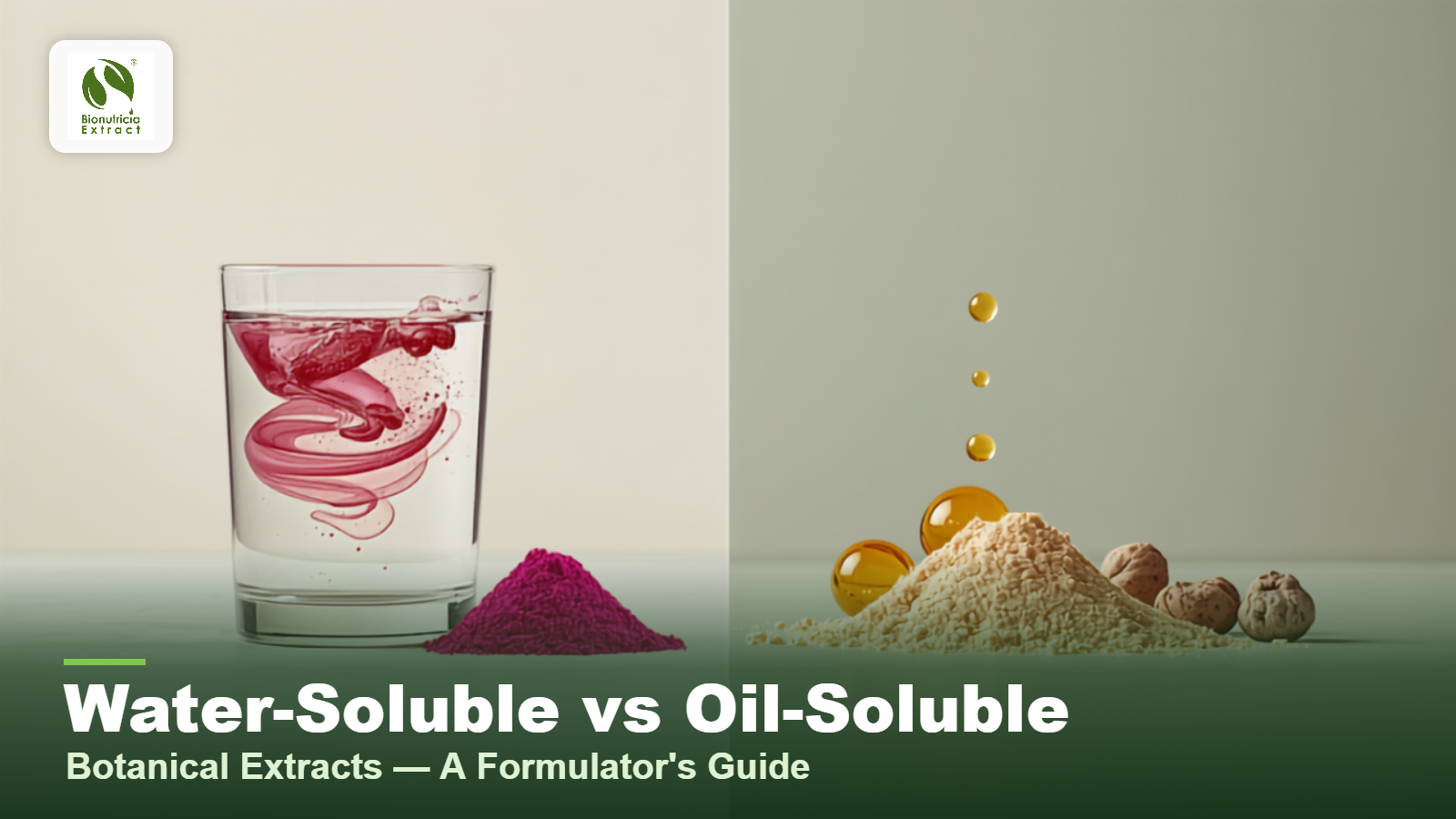 Water-soluble and oil-soluble botanical extracts: dissolving powder in a glass beside oil droplets, arabic-gum oil powder and raw botanicals