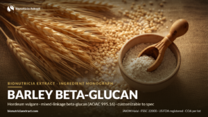 Barley beta-glucan powder cover — golden barley ears, pearl barley and bowl of off-white powder, Bionutricia Extract