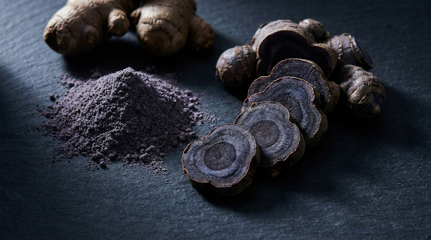 Sliced black ginger rhizomes showing purple-black rings beside violet-grey extract powder