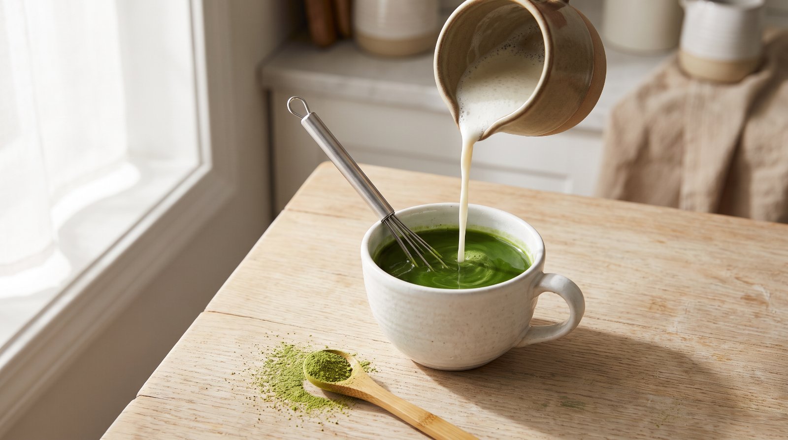 Pandan powder whisked into a smooth green slurry in a small cup while warm milk is poured in
