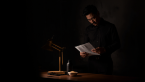 Brand founder reading a document at a dark desk under a warm lamp — who owns your formula