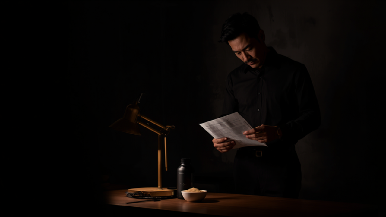 Brand founder reading a document at a dark desk under a warm lamp — who owns your formula