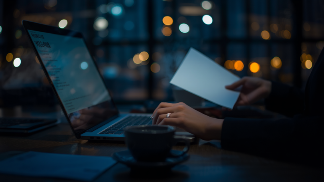 Hands at a laptop at night holding a blank letter — a discontinuation email