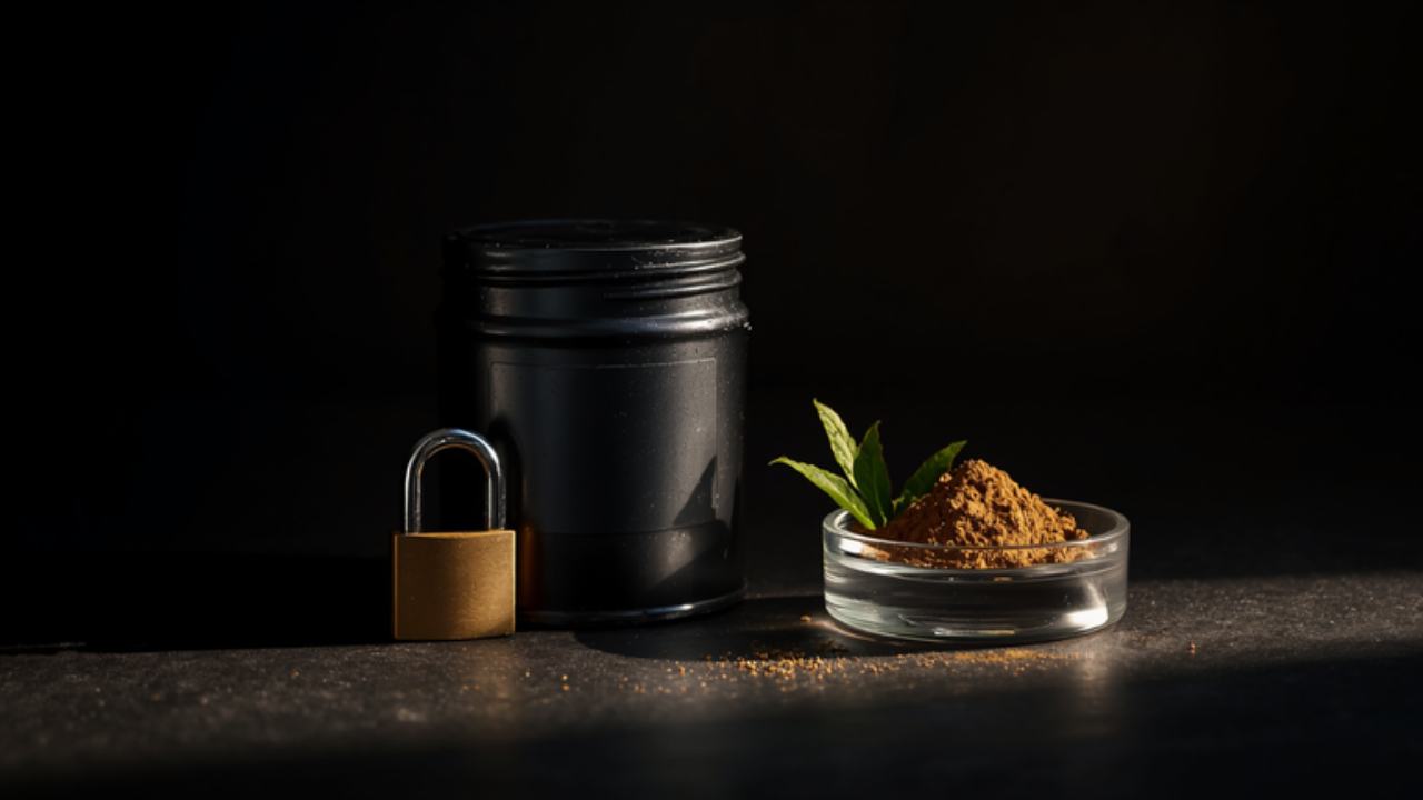 Sealed canister with a padlock beside a dish of tan-brown extract powder