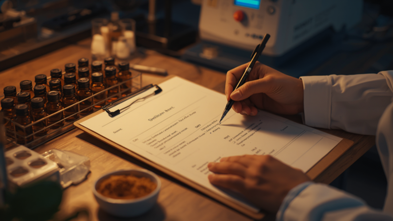 QC analyst annotating a specification sheet beside amber vials and extract powder
