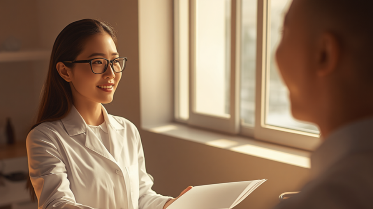 Analyst handing an open document folder to a buyer in warm window light