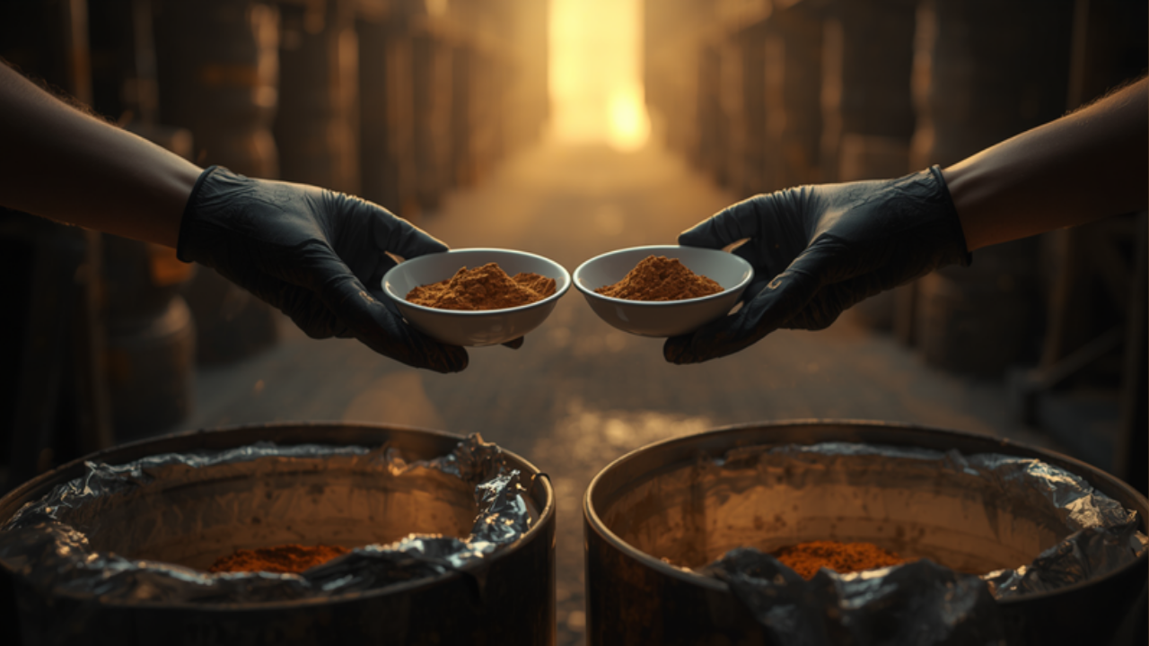 Two gloved hands each holding a dish of tan-brown extract powder over open drums