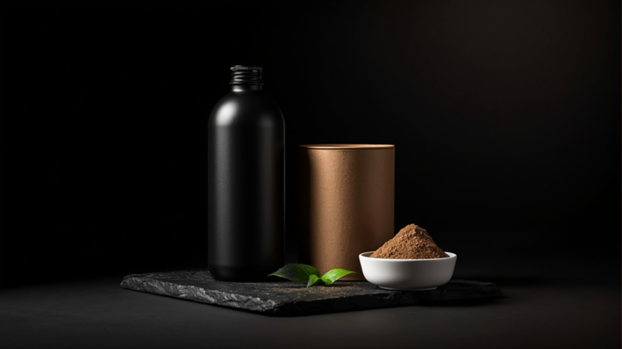 Plain unlabelled black bottle and kraft canister with a dish of tan-brown extract powder