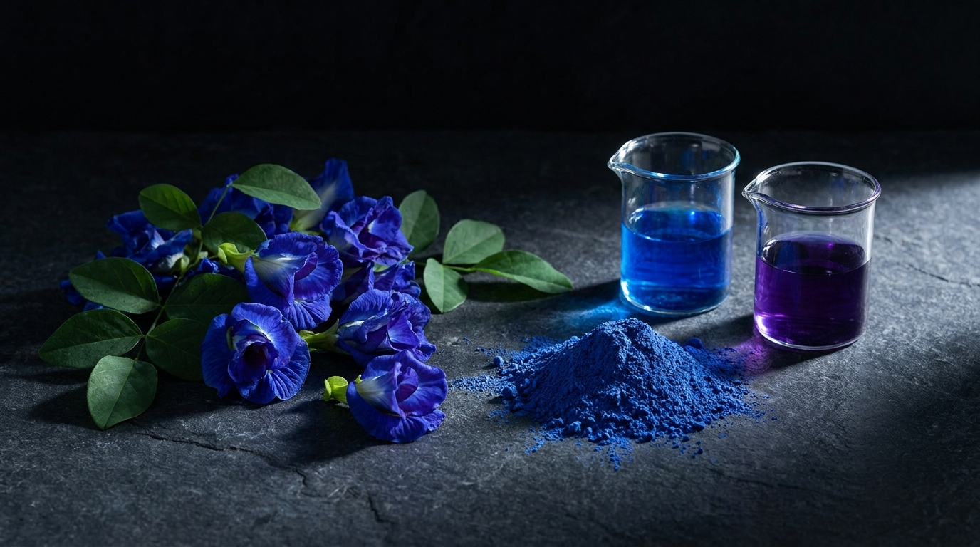 Butterfly pea flowers with blue extract powder and beakers showing the blue to violet pH colour shift