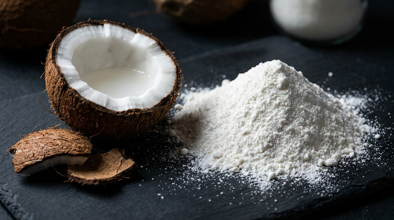 Fresh split coconut beside a mound of fine white coconut water powder on dark stone