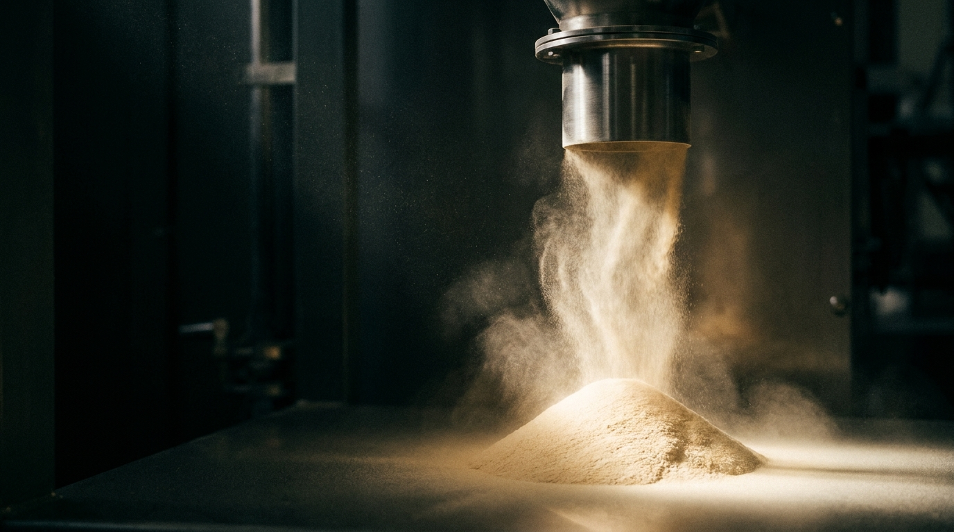 Fine botanical powder falling in a plume from a stainless steel spray-dryer outlet