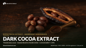 Dark cocoa extract powder cover — cacao pod, beans and brass scoop of dark brown powder, Bionutricia Extract