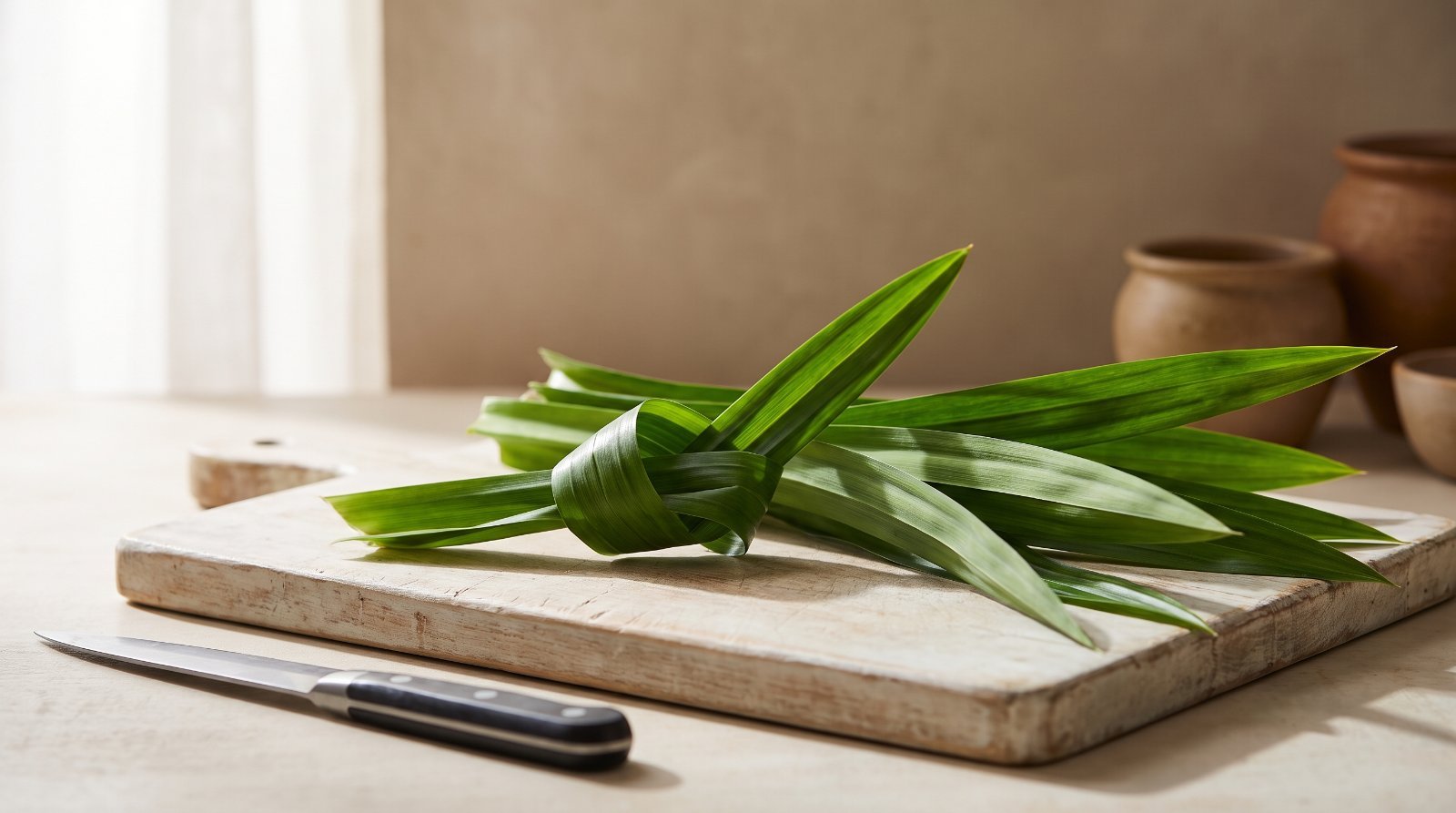 Fresh pandan leaves on a wooden cutting board with two of them tied into a loose knot ready for steeping