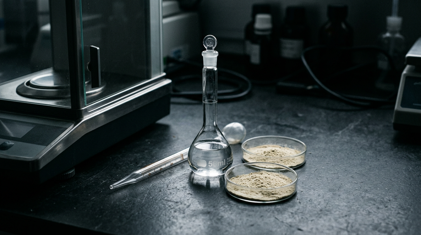 Precision QC glassware and dishes of botanical extract powder beside an analytical balance