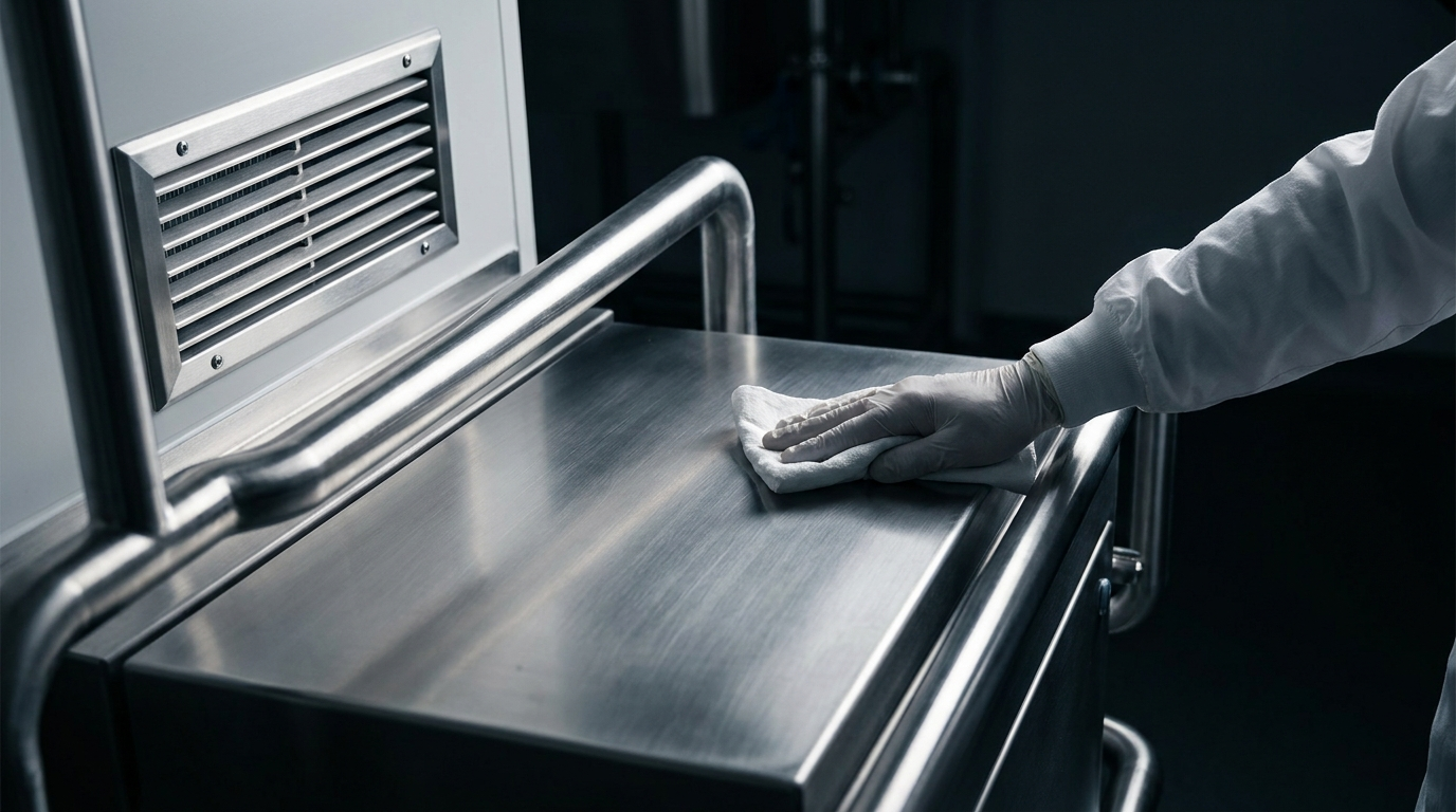 Gloved hand sanitising a polished stainless steel process surface in a clean production area