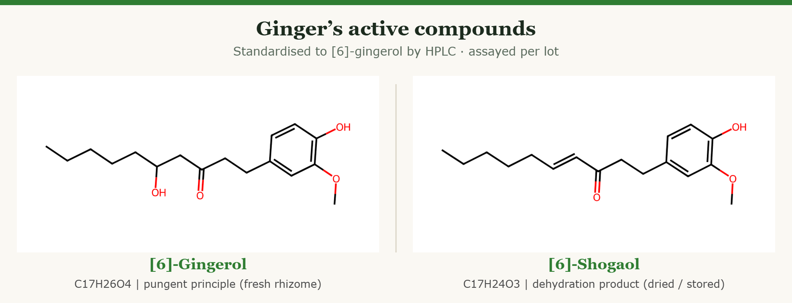 Molecular structures of 6-gingerol (C17H26O4) and 6-shogaol (C17H24O3), the standardisation markers of Zingiber officinale ginger extract
