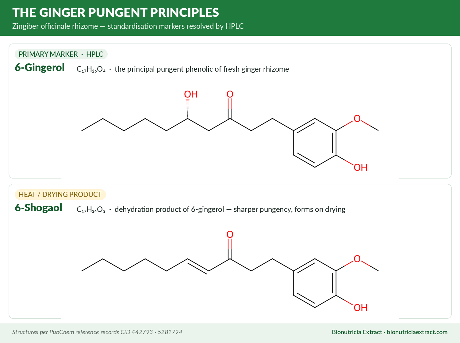 Chemical structures of ginger actives 6-gingerol and 6-shogaol (Zingiber officinale), HPLC standardisation markers