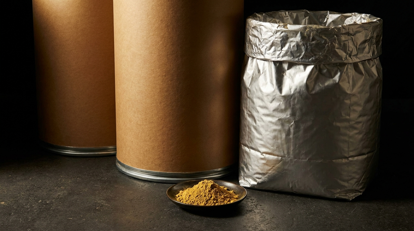 Sealed kraft export drums and foil bulk sack with a dish of golden botanical extract powder