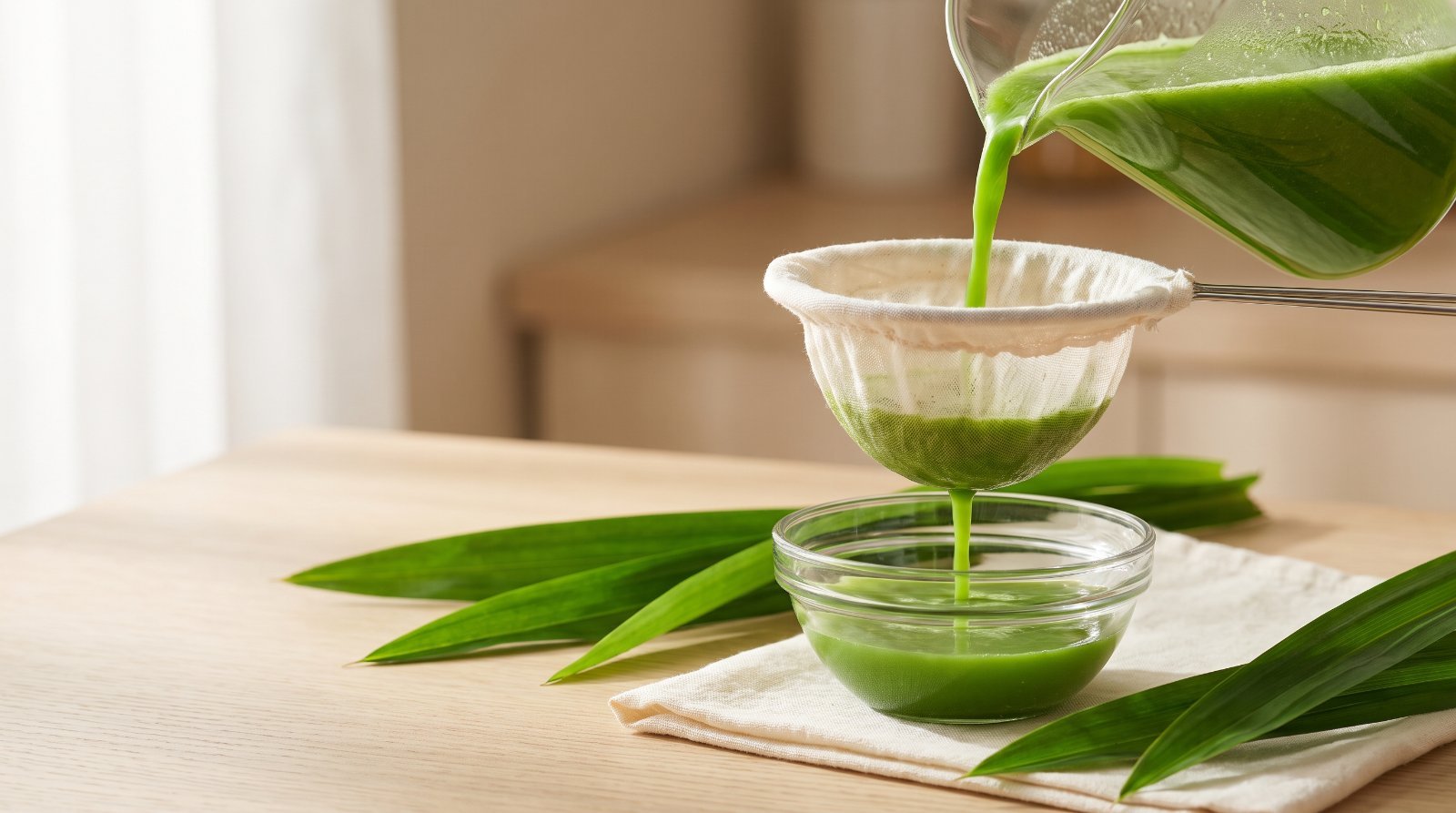 Blended pandan leaf juice being strained through a cloth into a small glass bowl to make homemade pandan extract