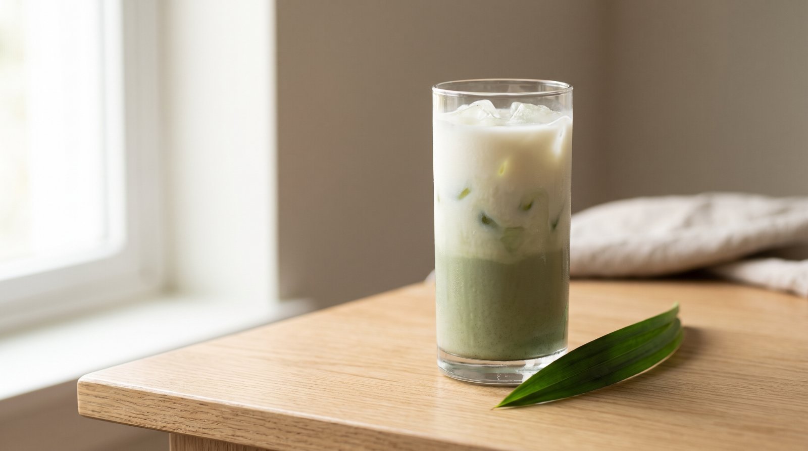 An iced pandan latte in a tall glass, creamy milk above a soft muted green layer, with a fresh pandan leaf beside it