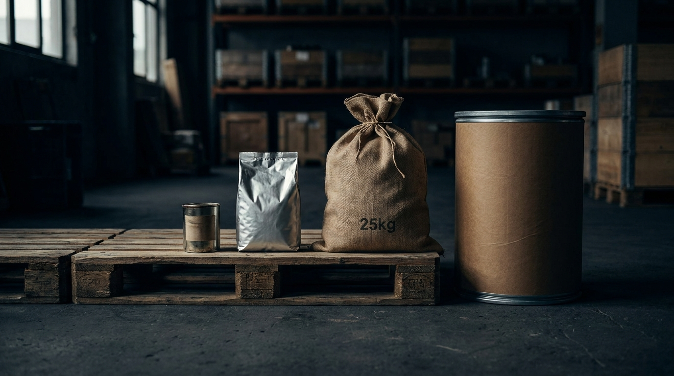 Bulk container size tiers from sample tin to fibre drum showing minimum order quantity steps