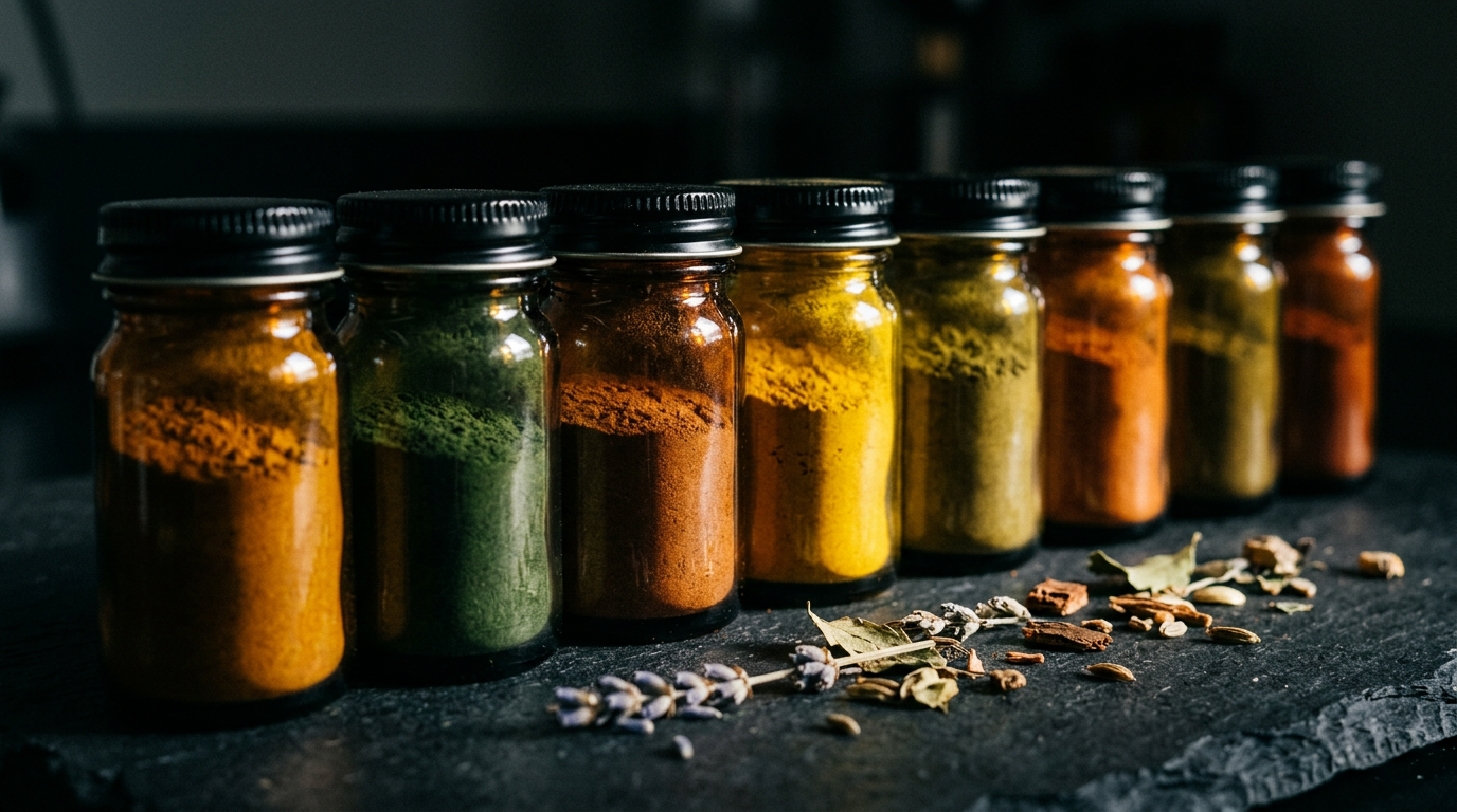 Row of amber glass sample jars holding different botanical extract powders for batch traceability