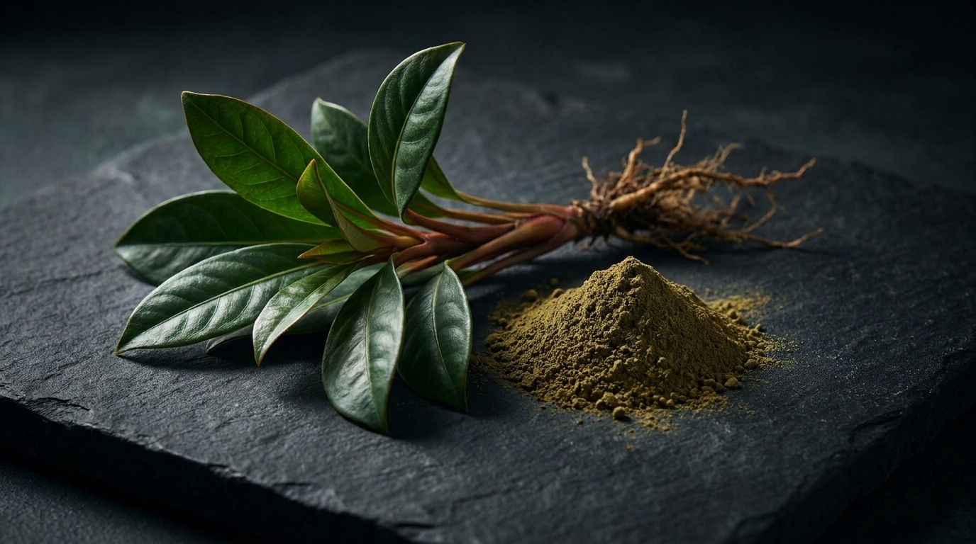 Kacip Fatimah (Labisia pumila) plant with roots beside a mound of olive-brown extract powder