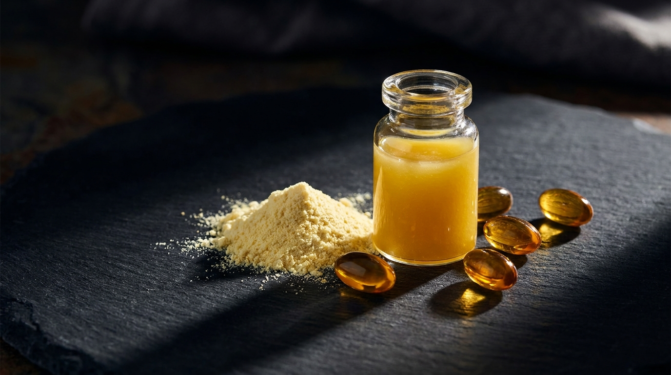 Glass vial of golden liposomal B-complex concentrate with pale yellow powder and amber softgels
