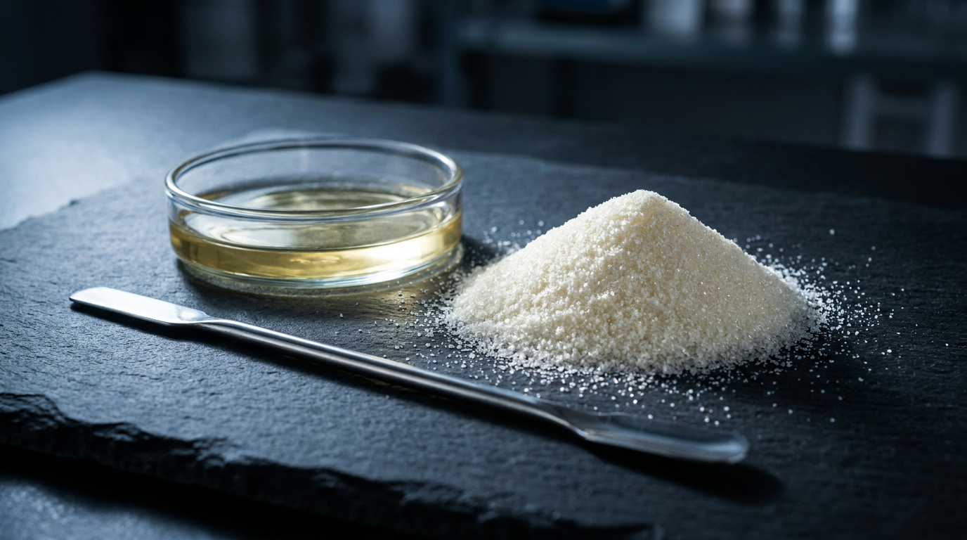 Crystalline vitamin C powder beside a dish of pale-gold liposomal concentrate and a steel spatula