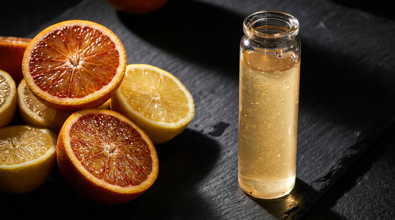 Halved citrus beside a glass vial of pale-gold liposomal vitamin C concentrate