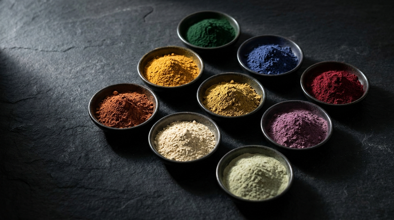 Nine dishes of different coloured botanical extract powders arranged in a grid on dark stone