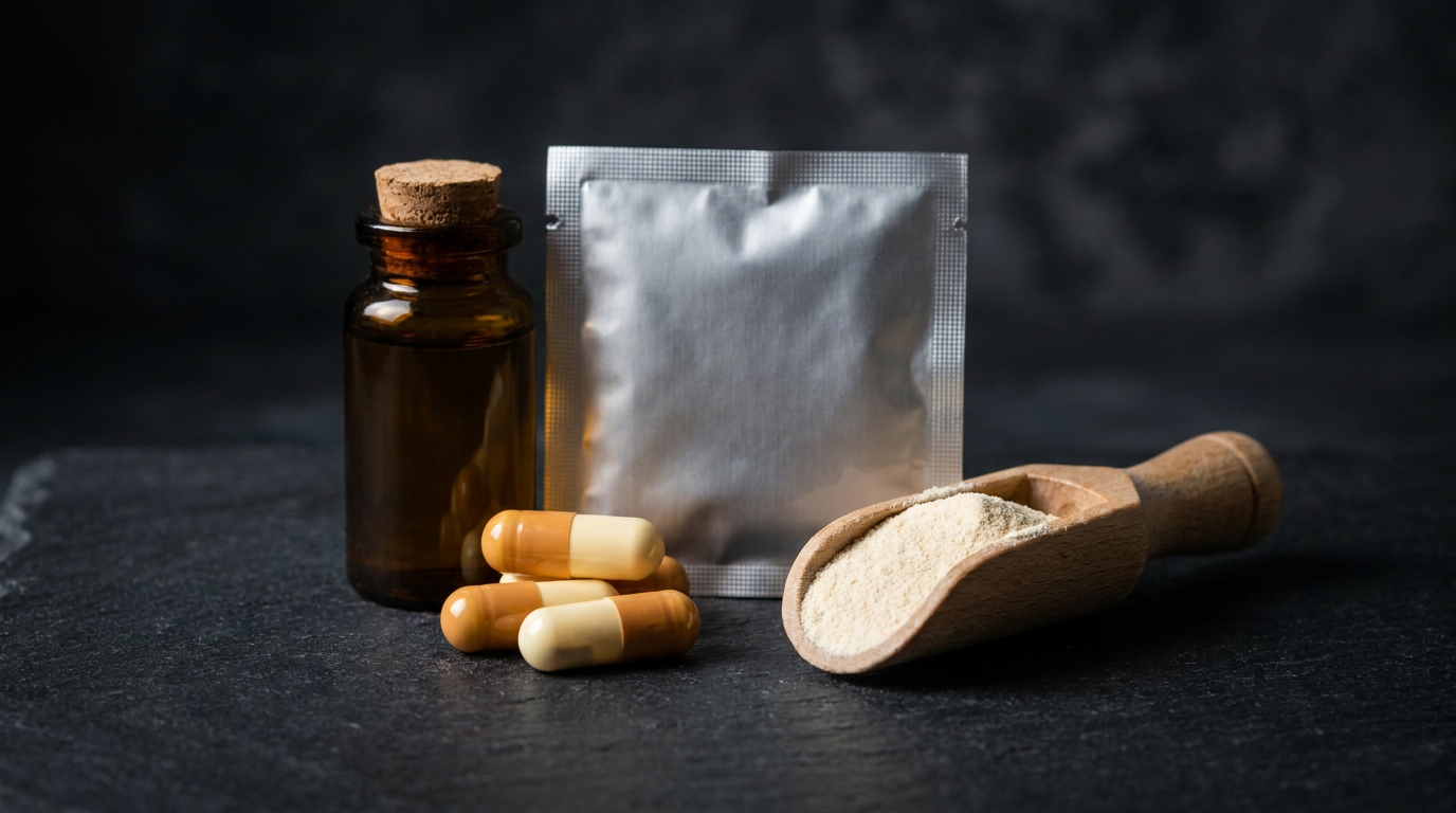 Unlabelled supplement formats - amber bottle, capsules, foil sachet and powder scoop on dark stone