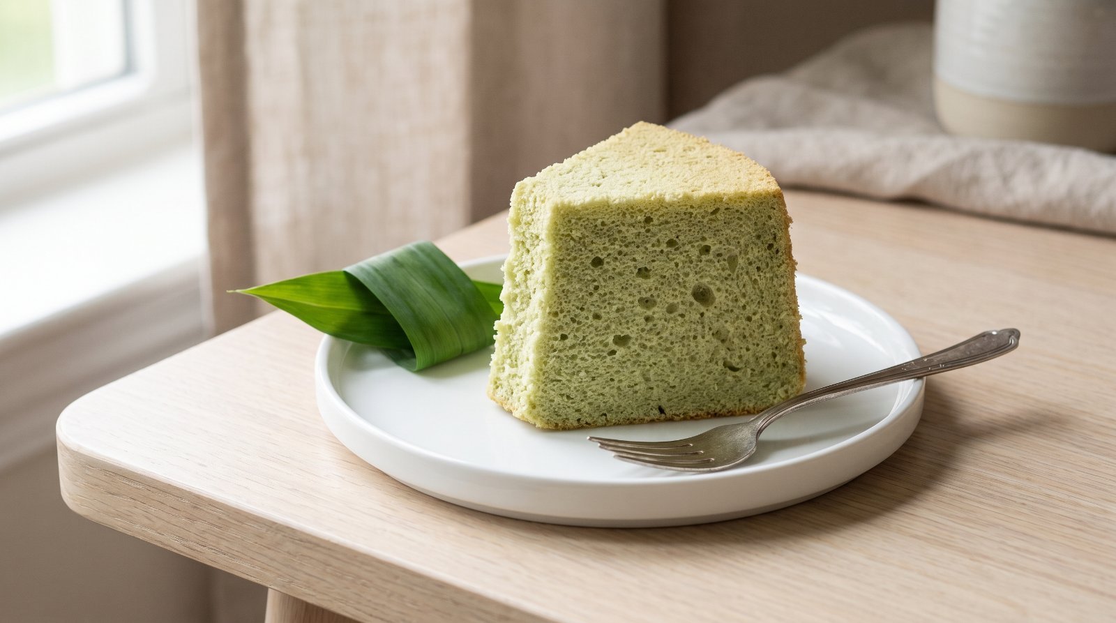 A slice of pandan chiffon cake on a white plate showing a soft natural sage green crumb rather than bright neon green
