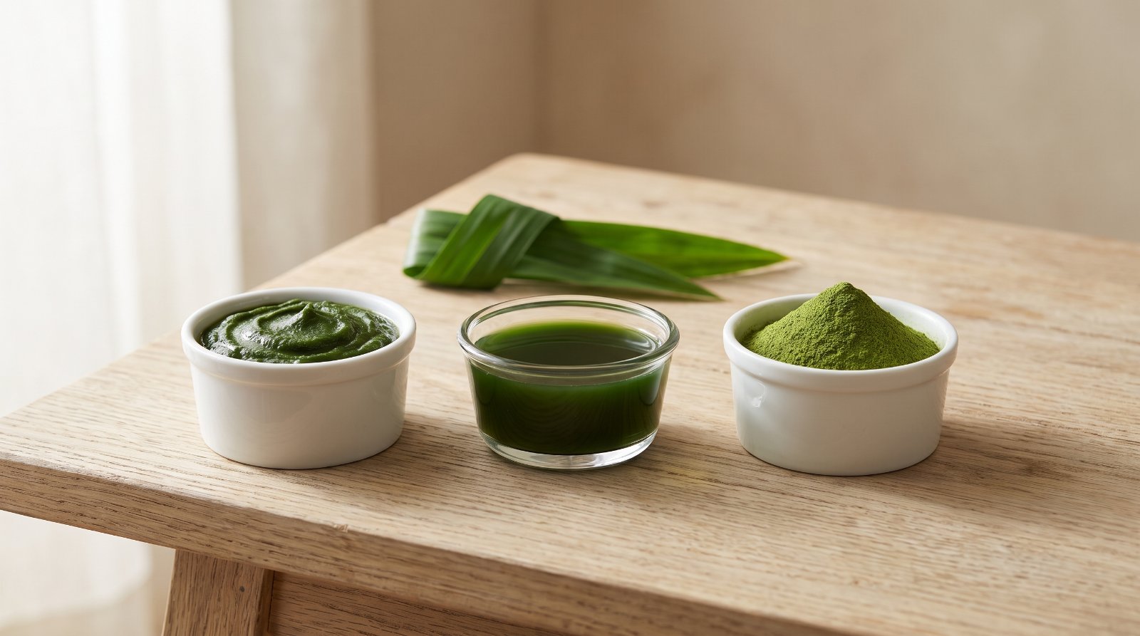 Three small dishes side by side holding pandan paste, pandan liquid extract and fine pandan powder, with a fresh pandan leaf behind them