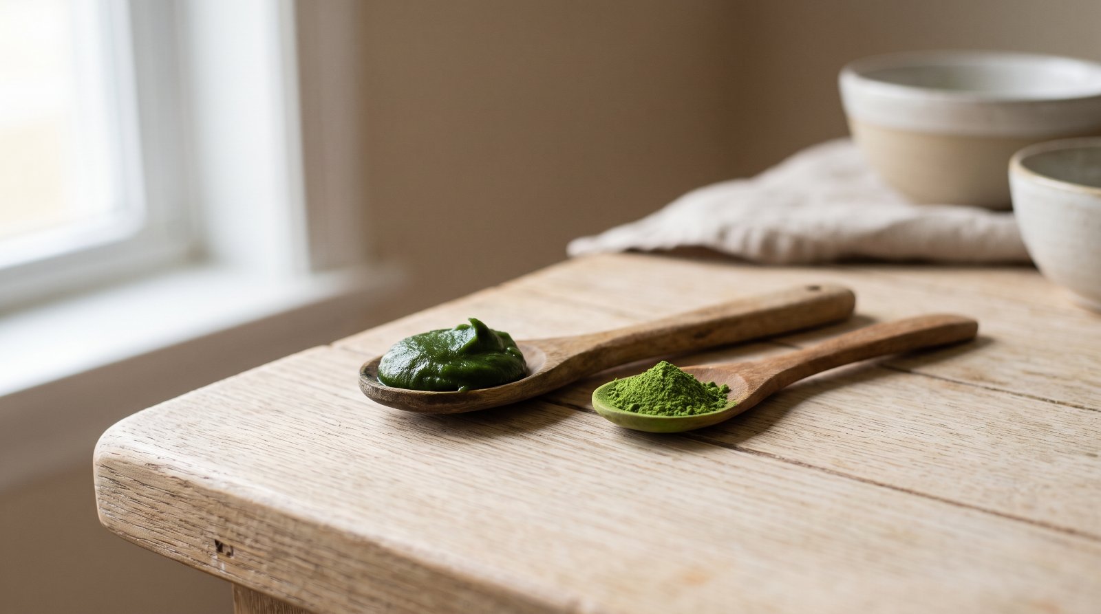 A wooden spoon holding thick pandan paste beside a wooden spoon holding a much smaller heap of fine pandan powder