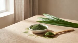 A white bowl of fine green pandan leaf extract powder with a bamboo spoon and fresh pandan leaves on a light wooden table
