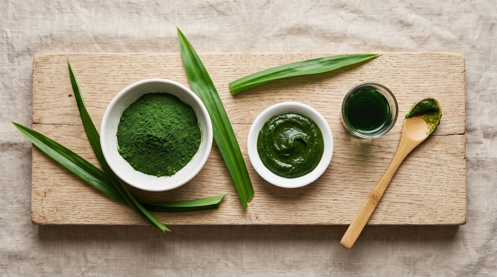 Overhead view of pandan powder, pandan paste, pandan liquid extract and fresh pandan leaves arranged on a wooden board