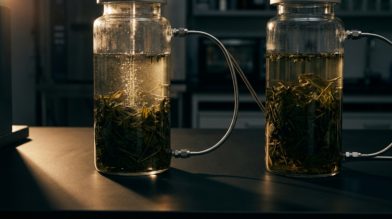 Two glass extraction vessels of botanical material, one with ultrasonic bubbles rising
