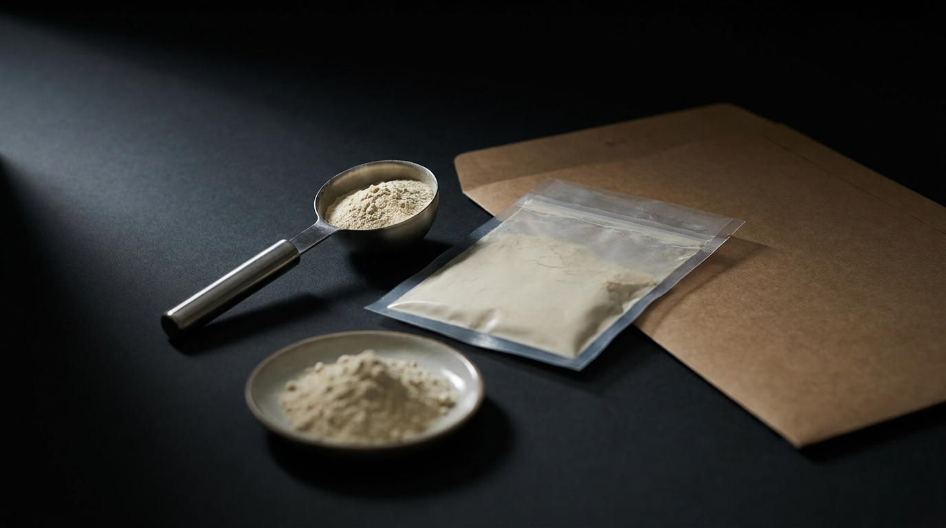 Stainless sampling scoop with botanical extract powder beside a sealed sample pouch and plain folder