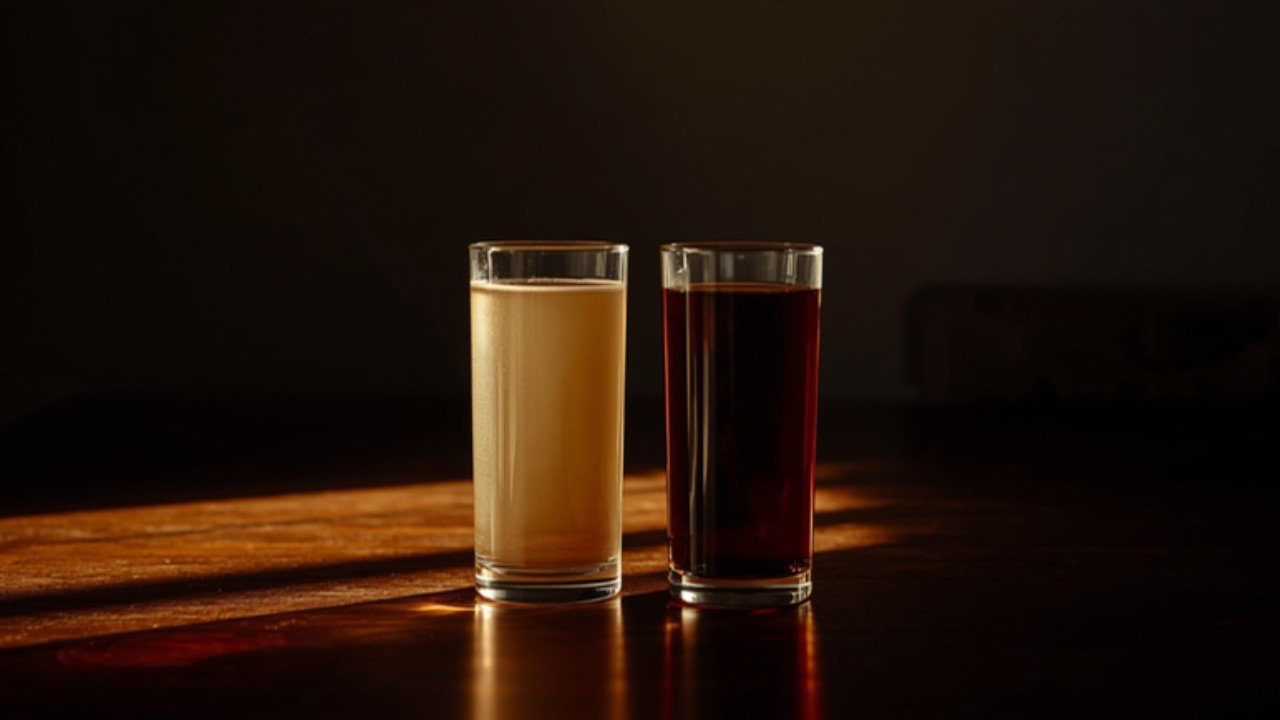 Two identical glasses side by side, one pale and one deep amber-brown, showing low versus high extract dose
