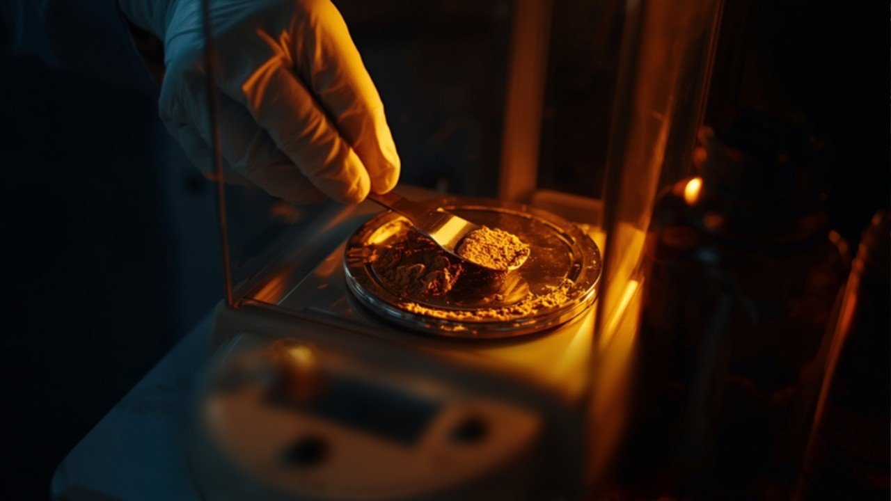 Gloved hands weighing tan-brown botanical extract powder on a precision analytical balance in a QC lab