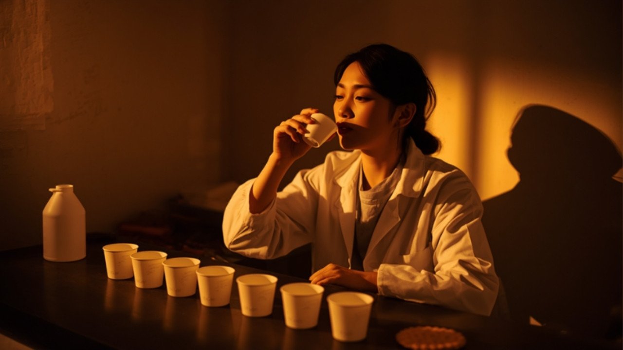 A food technologist tasting from a coded cup at a sensory evaluation panel, warm lamp light