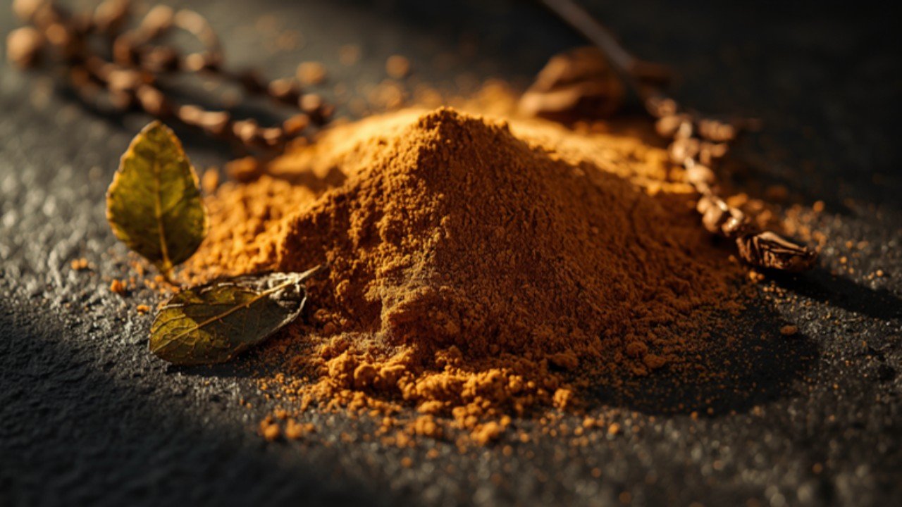 Macro of tan-brown botanical extract powder with raw plant material on dark slate