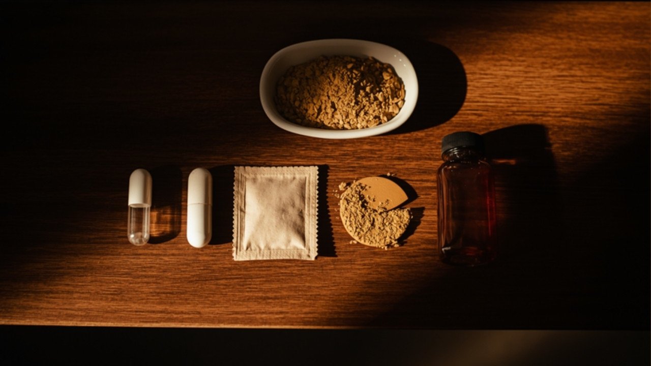 A capsule, stick sachet, tablet and amber bottle beside a dish of tan-brown extract powder
