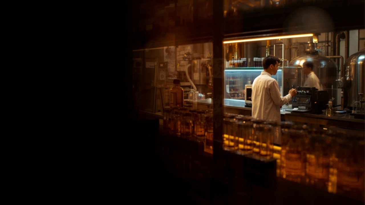 An analyst at the bench in a warm-lit botanical extract quality control laboratory