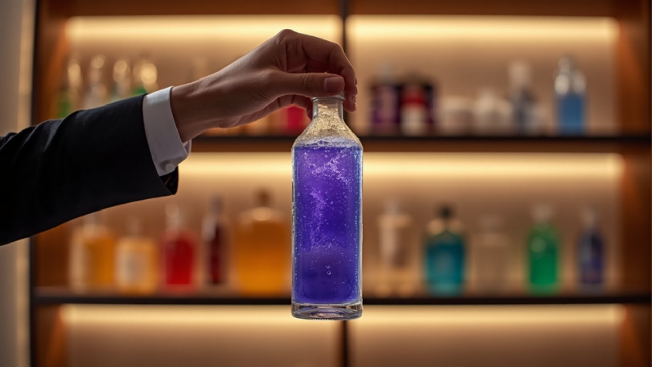 Hand holding an unbranded vivid blue botanical drink in a premium retail setting
