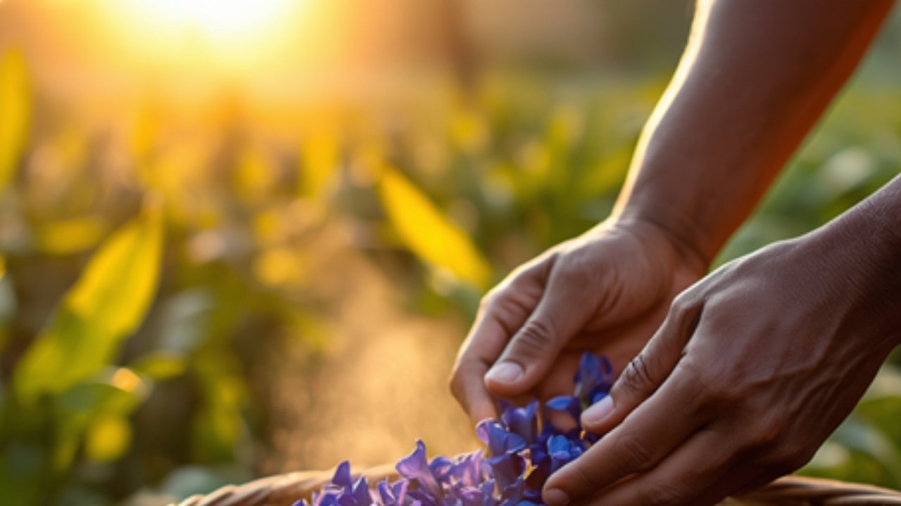 Hands harvesting fresh butterfly pea flowers at golden hour in a Southeast Asian field