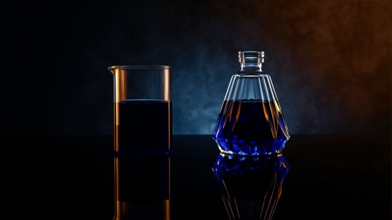 A plain lab beaker of blue extract beside a faceted premium bottle of the same blue liquid